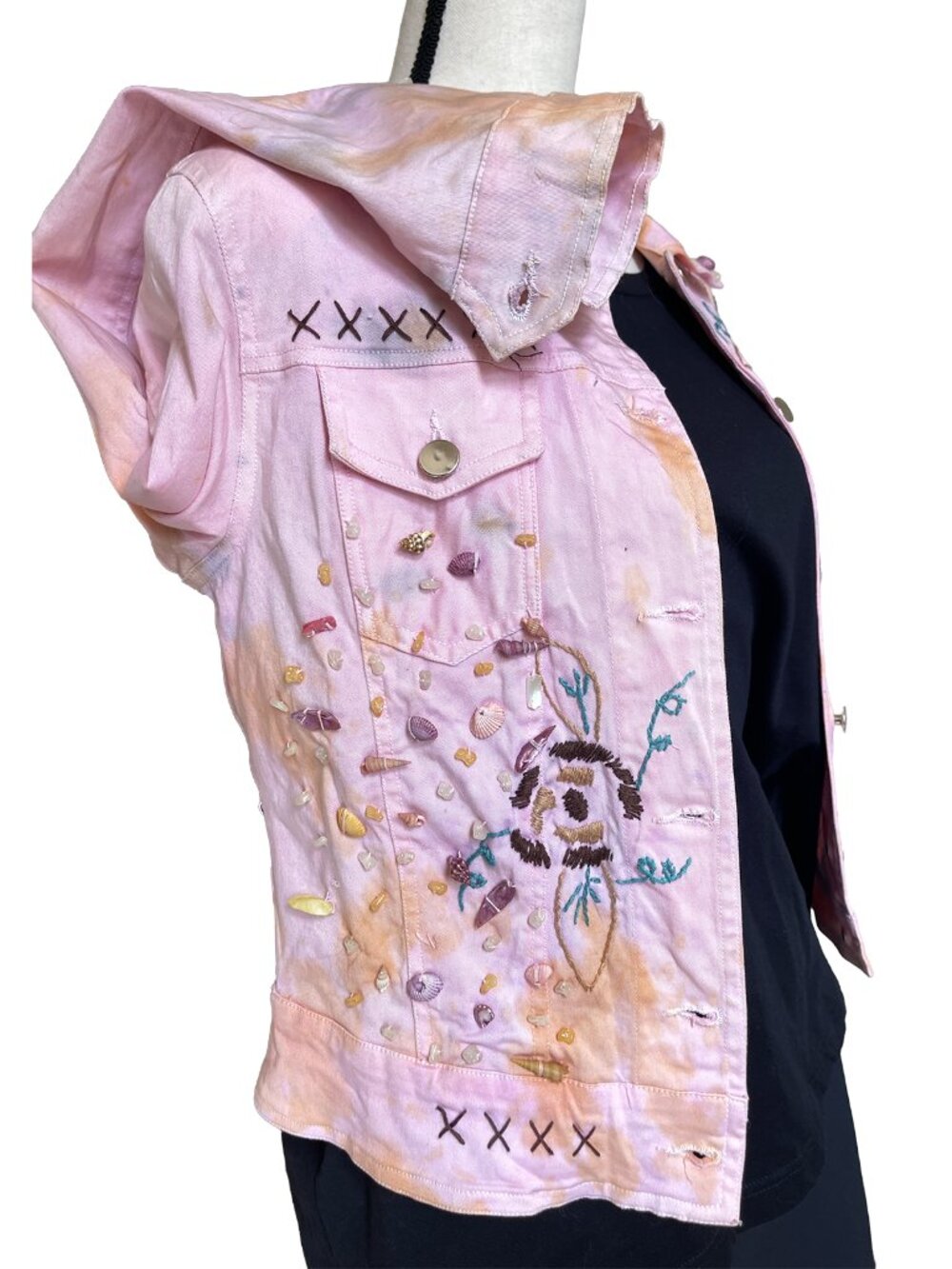 ANTICA Italy Pink Denim Trucker Jacket Seashell Crochet Coastal Boho XS - Picture 10 of 13